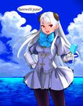  black_legwear capcom_fighting_jam cloud cowboy_shot day english food gloves hairpods highres ingrid long_hair looking_at_viewer pantyhose popsicle red_eyes sky solo tetsu_(kimuchi) very_long_hair white_gloves white_hair 