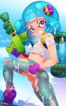  1girl ass blue_hair blue_sky born-to-die day domino_mask flat_chest highres ink_tank_(splatoon) inkling mask midriff nintendo nipples panties purple_eyes purple_panties see-through short_hair sky solo splatoon_(series) splattershot_(splatoon) super_soaker tentacle_hair torn_clothes underwear wet wet_clothes 