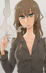  @_@ aqua_eyes brown_hair cigarette collarbone earrings jewelry looking_at_viewer multiple_earrings ninjunker original smoke smoking solo 