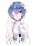  ayanami_rei bandage_over_one_eye bandaged_arm bandages bangs bare_shoulders blue_hair bodysuit breasts hair_between_eyes hair_ornament halterneck looking_at_viewer mizunomoto neon_genesis_evangelion number parted_lips plugsuit red_eyes short_hair simple_background sleeveless small_breasts solo turtleneck upper_body white_background white_bodysuit 