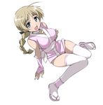  :d alternate_costume blonde_hair braid breast_hold breasts bridal_gauntlets full_body large_breasts long_hair looking_at_viewer lynette_bishop ninja open_mouth simple_background single_braid smile solo strike_witches tabi thighhighs tokiani white_background white_legwear world_witches_series 