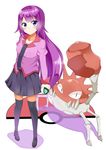  bad_id bad_pixiv_id bakemonogatari blue_eyes crab crossover gen_1_pokemon kingler long_hair monogatari_(series) poke_ball pokemon pokemon_(creature) purple_hair school_uniform senjougahara_hitagi standing trait_connection yamae_saki 