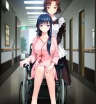  2girls blue_eyes blue_hair breasts brown_eyes brown_hair door fujiki_kikyou game_cg highres hospital ichikawa_saasha large_breasts legs long_hair long_image looking_at_viewer maid maid_headdress multiple_girls neyuki_no_genei:_shirohanasou_no_hitobito panties pantyshot ponytail serious short_hair sitting smile standing thighs underwear wheelchair white_panties 