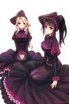  aken black_eyes black_hair blonde_hair bonnet cosplay dress frilled_dress frills gothic_lolita hands_together highres lolita_fashion long_hair looking_at_viewer multiple_girls narberal_gamma overlord_(maruyama) purple_dress red_eyes seiza shalltear_bloodfallen shalltear_bloodfallen_(cosplay) sitting striped vampire vertical_stripes 