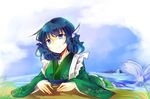  blue_eyes blue_hair head_fins japanese_clothes kimono kutsuki_kai looking_at_viewer mermaid monster_girl obi sash smile solo touhou wakasagihime wide_sleeves 