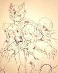  capcom gradient gradient_background koto_(coto) monochrome rockman rockman_(classic) rockman_x roll sketch traditional_media zero_(rockman) 