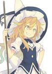  blonde_hair bow braid broom grin hair_bow hand_on_hip hat kirisame_marisa long_hair morino_hon smile solo touhou witch_hat yellow_eyes 