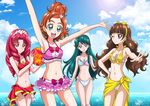  :d akagi_towa amanogawa_kirara armpits arms_up ass_visible_through_thighs ball beachball bikini bikini_skirt blue_eyes blue_hair breasts brown_eyes brown_hair cleavage cloud commentary_request day frilled_bikini frills go!_princess_precure hair_bun hairband hand_on_hip hanzou haruno_haruka kaidou_minami lens_flare long_hair medium_breasts multiple_girls navel ocean one_eye_closed open_mouth precure purple_eyes red_eyes red_hair sarong short_hair sky small_breasts smile sun swimsuit thigh_gap water 