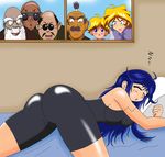  1girl 6+boys android antenna_hair areolae artist_request ass bare_shoulders bed blue_hair bodysuit breasts cameltoe cleavage erect_nipples eyebrows eyebrows_visible_through_hair eyes_closed large_breasts lime_(saber_j) long_hair multiple_boys open_mouth peeping_tom saber_marionette_j sleeping smile voyeurism 