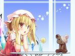  bandaged_head bandages blonde_hair blue_background chair drinking_straw elbows_on_table flandre_scarlet food fruit glass hat hat_ribbon head_rest kurokumaneko lemon lemon_slice looking_at_viewer mob_cap open_mouth puffy_short_sleeves puffy_sleeves red_eyes ribbon short_hair short_sleeves side_ponytail sitting skirt skirt_set soda solo striped striped_background stuffed_animal stuffed_toy table teddy_bear touhou upper_body wings 