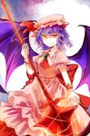  ascot bat_wings brooch dress hat hat_ribbon jewelry kutsuki_kai looking_at_viewer mob_cap pink_dress puffy_short_sleeves puffy_sleeves purple_hair red_eyes remilia_scarlet ribbon short_sleeves smirk solo spear_the_gungnir touhou wings wrist_cuffs 