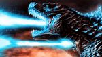  beam crossover dragon_ball dragon_ball_z electricity epic fangs firing glowing glowing_hair godzilla godzilla_(series) highres kaijuu monster open_mouth son_gokuu super_saiyan zach_smithson 