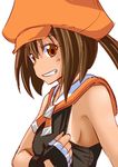  breasts brown_eyes brown_hair fingerless_gloves gloves grin guilty_gear guilty_gear_xrd hat long_hair may_(guilty_gear) naughty_face orange_hat pirate_hat ponkotsu ponytail sailor_collar sideboob small_breasts smile solo tan tanline 