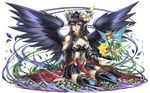  armor black_hair black_wings breasts cleavage fairy field flower flower_field hair_flower hair_ornament large_breasts long_hair minigirl multiple_girls persephone_(p&amp;d) pointy_ears puzzle_&amp;_dragons wings youichi 