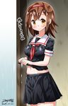  black_serafuku blush brown_hair hairband kantai_collection looking_at_viewer midriff navel rain red_hairband school_uniform serafuku shiratsuyu_(kantai_collection) smile solo translated wet wet_clothes wringing_clothes yellow_eyes yuuki_hb 