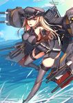  bare_shoulders bismarck_(kantai_collection) blonde_hair blue_sky breasts brown_gloves cannon cloud day detached_sleeves gloves grey_eyes grey_legwear hat highres kantai_collection large_breasts long_hair long_sleeves machinery mecha_musume military military_hat military_uniform nian ocean sky solo thighhighs thighs uniform zettai_ryouiki 