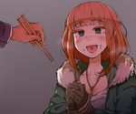  1girl blush bound chopsticks food food_on_face gloves green_eyes happy heart heart-shaped_pupils jewelry key necklace ninjunker open_mouth orange_hair original short_hair sweat symbol-shaped_pupils tied_up 