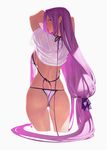  arms_up ass azusa_(hws) backboob bikini breasts cropped_legs fate/stay_night fate_(series) from_behind highres hips large_breasts long_hair looking_back low-tied_long_hair purple_eyes purple_hair rider shirt simple_background skindentation solo swimsuit thong thong_bikini undressing untied untied_bikini very_long_hair white_background white_shirt 