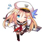  black_legwear blue_eyes chibi flying_sweatdrops hair_ornament hat jiang-ge peaked_cap saratoga_(zhan_jian_shao_nyu) school_uniform solo thighhighs zhan_jian_shao_nyu 