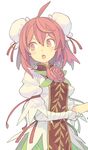  bandages breasts bun_cover chinese_clothes cuffs double_bun flower ibaraki_kasen morino_hon open_mouth pink_eyes pink_hair rose short_hair small_breasts solo tabard touhou 