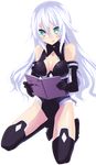  1girl :o :p absurdres bangs bare_shoulders black_gloves black_heart black_legwear blue_eyes blush book breasts breasts_apart choujigen_game_neptune cleavage cleavage_cutout elbow_gloves flipped_hair full_body gloves hair_between_eyes halterneck highres holding kneeling leotard long_hair looking_down magical_girl neptune_(series) noire open_book planeptune power_symbol reading shiny shiny_skin simple_background solo spread_legs symbol-shaped_pupils thighhighs tongue tongue_out transparent_background turtleneck very_long_hair wavy_hair white_hair 