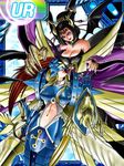  2girls angel angel_and_devil armor bandai bare_shoulders bat_(symbol) bat_wings black_hair black_wings blonde_hair blush bodysuit breasts card_(medium) covered_eyes demon_girl digimon digimon_collectors female helmet horns lilithmon long_hair multiple_girls ophanimon shield smile succubus wings 