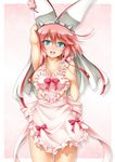  apron arm_up armpits blue_eyes blush breasts cowboy_shot elphelt_valentine guilty_gear guilty_gear_xrd hairband heart highres large_breasts looking_at_viewer naked_apron pink_hair roura short_hair smile spikes 