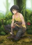  arrow bare_shoulders black_hair bow_(weapon) bush collarbone denim fingerless_gloves gloves grass green_eyes highres jeans one_knee original outdoors pants quiver shoes short_hair solo stormcow tank_top torn_clothes torn_jeans torn_pants tree weapon 