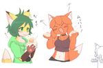 bigger_version_at_the_source canine eating eyes_closed female fox fur green_eyes green_hair hair happy japanese_text kemono kyuuri mammal reading red_fur red_hair short_hair text translation_request 