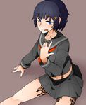  :p black_hair blue_eyes collarbone hair_ornament hairclip jewelry looking_at_viewer navel_piercing ninjunker original piercing school_uniform serafuku short_hair single_earring sitting solo tattoo teasing tongue tongue_out tongue_piercing 