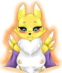  2015 abstract_background anthro black_sclera blue_eyes blush breasts digimon facial_markings female fur jovalic mammal markings nipples nude renamon solo white_fur yellow_fur 