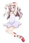  arms_up bad_id bad_twitter_id bare_shoulders blue_eyes bracelet dress flower hair_flower hair_ornament highres jewelry light_smile looking_at_viewer original shoes short_dress silver_hair solo strapless strapless_dress uni_mate white_background white_dress 