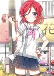  black_legwear blouse blue_skirt bow breasts contrapposto day eyebrows_visible_through_hair food hair_between_eyes hair_ornament hairclip hand_on_hip ice_cream ice_cream_cone ice_cream_cone_spill large_bow looking_at_viewer love_live! love_live!_school_idol_project medium_breasts neckerchief nishikino_maki one_eye_closed pink_neckwear pleated_skirt purple_eyes red_hair sailor_collar school_uniform scrunchie short_hair short_sleeves skirt smile solo standing thighhighs white_blouse white_bow white_sailor_collar wrist_scrunchie yuran 