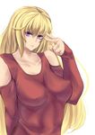  absurdres bad_id bad_pixiv_id bare_shoulders blonde_hair breasts highres kuchibue_(tanima_club) large_breasts long_hair looking_at_viewer original purple_eyes simple_background solo v white_background 