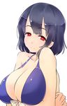  absurdres bikini black_hair blue_bikini blush breast_hold breasts cleavage front-tie_top highres kantai_collection large_breasts looking_at_viewer red_eyes short_hair simple_background smile solo swimsuit takao_(kantai_collection) ueda_torini white_background 