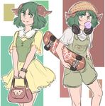  1girl animal_ears bag beret bubble_blowing bubblegum casual contemporary dog_ears dress dual_persona earphones english green_eyes green_hair handbag hat kasodani_kyouko looking_at_another mefomefo overalls shirt shorts simple_background skateboard smile t-shirt touhou v_arms wristband yellow_dress 