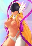  angel_wings angewomon asymmetrical_clothes blonde_hair breasts detached_collar digimon digimon_adventure hagoromo head_wings helmet highleg large_breasts lips long_hair multiple_wings navel neon_trim nipples nose razalor shawl single_pantsleg solo topless visor watermark web_address wings 