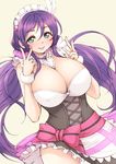  :p blush breasts cleavage cleavage_cutout double_v green_eyes huge_breasts long_hair looking_at_viewer love_live! love_live!_school_idol_project maid maid_headdress mogyutto_&quot;love&quot;_de_sekkin_chuu! pas_(paxiti) purple_hair simple_background solo tongue tongue_out toujou_nozomi twintails v very_long_hair white_background 
