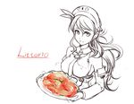  bare_shoulders character_name corset detached_sleeves food hat kantai_collection littorio_(kantai_collection) long_hair looking_at_viewer monochrome nam_(valckiry) necktie pasta solo spot_color 