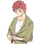  bad_id bad_pixiv_id dressing emiya_shirou fate/stay_night fate_(series) green_jacket jacket kotarou_(raincoat) male_focus orange_hair solo yellow_eyes 