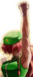  arm_up armpits bandaged_hands bandages braid closed_eyes grin hat highres hong_meiling koyubi_(littlefinger1988) long_hair muscle muscular_female red_hair scar sleeveless smile solo sweat touhou twin_braids upper_body uppercut 