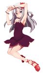 arms_up bad_id bad_twitter_id bare_shoulders black_dress blue_eyes bracelet dress flower hair_flower hair_ornament jewelry light_smile looking_at_viewer original shoes short_dress silver_hair solo strapless strapless_dress uni_mate white_background 