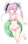  bikini breasts hair_ribbon hata_no_kokoro highres long_hair mask maturiuta_sorato navel pink_bikini pink_eyes pink_hair ponytail ribbon simple_background small_breasts solo swimsuit touhou white_background 