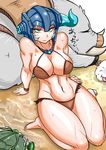  bare_shoulders barefoot bikini blue_eyes breasts bristle broken_horn brown_bikini cleavage helmet highres horns jewelry large_breasts league_of_legends looking_at_viewer navel necklace seiza sejuani short_hair silver_hair sitting sweat swimsuit thick_thighs thighs translation_request zei-minarai 
