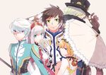  2girls 3boys aqua_eyes bare_shoulders belt blue_eyes breasts brown_hair capelet card choker coat dezel_(tales) dress earrings edna_(tales) feathers gloves green_eyes grey_hair hair_ornament hair_over_eyes hairband hat jewelry lailah_(tales) long_hair mikleo_(tales) multicolored_hair multiple_boys multiple_girls open_mouth orange_hair ponytail purple_eyes ribbon sharp_teeth short_hair side_ponytail simple_background smile sorey_(tales) staff tales_of_(series) tales_of_zestiria umbrella weapon white_hair 