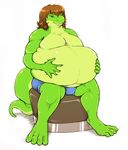  2013 anthro barefoot belly big_belly blue_eyes brown_hair bulge clothed clothing gecko hair half-dressed hand_on_belly kalnareff lizard long_hair looking_down male reptile sally scalie shorts sitting topless vore 