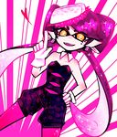  1girl :d aori_(splatoon) collarbone detached_collar domino_mask earrings fangs food food_on_head gloves hair_rings heart index_finger_raised jewelry long_hair mask mole mole_under_eye motchiringu object_on_head open_mouth orange_eyes pantyhose pointy_ears purple_hair purple_legwear short_jumpsuit smile solo sparkle splatoon_(series) splatoon_1 sushi tentacle_hair unitard white_gloves 