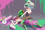  2girls aori_(splatoon) bad_id bad_twitter_id black_hair cousins detached_collar domino_mask dress food food_on_head girl_on_top green_legwear hair_rings highres holding hotaru_(splatoon) kemeo long_hair mask multiple_girls object_on_head open_mouth orange_eyes paint paint_roller paint_splatter pantyhose pointy_ears purple_legwear short_jumpsuit silver_hair smile splat_roller_(splatoon) splatoon_(series) splatoon_1 splattershot_(splatoon) strapless strapless_dress super_soaker symbol-shaped_pupils tentacle_hair unitard 