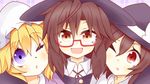  :d ;o aki_chimaki blonde_hair brown_eyes brown_hair glasses hat maribel_hearn mob_cap multiple_girls one_eye_closed open_mouth purple_eyes red-framed_eyewear short_hair smile touhou usami_renko usami_sumireko 