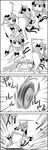  1girl 4koma animal_ears bell bell_collar braid cat_ears cat_tail collar comic commentary daiyousei dress fairy_wings greyscale hair_ribbon haou_airen highres kaenbyou_rin monochrome multiple_tails open_mouth parody pointy_ears ribbon rolling side_ponytail smile spinning tail tani_takeshi touhou translated twin_braids wings yukkuri_shiteitte_ne 
